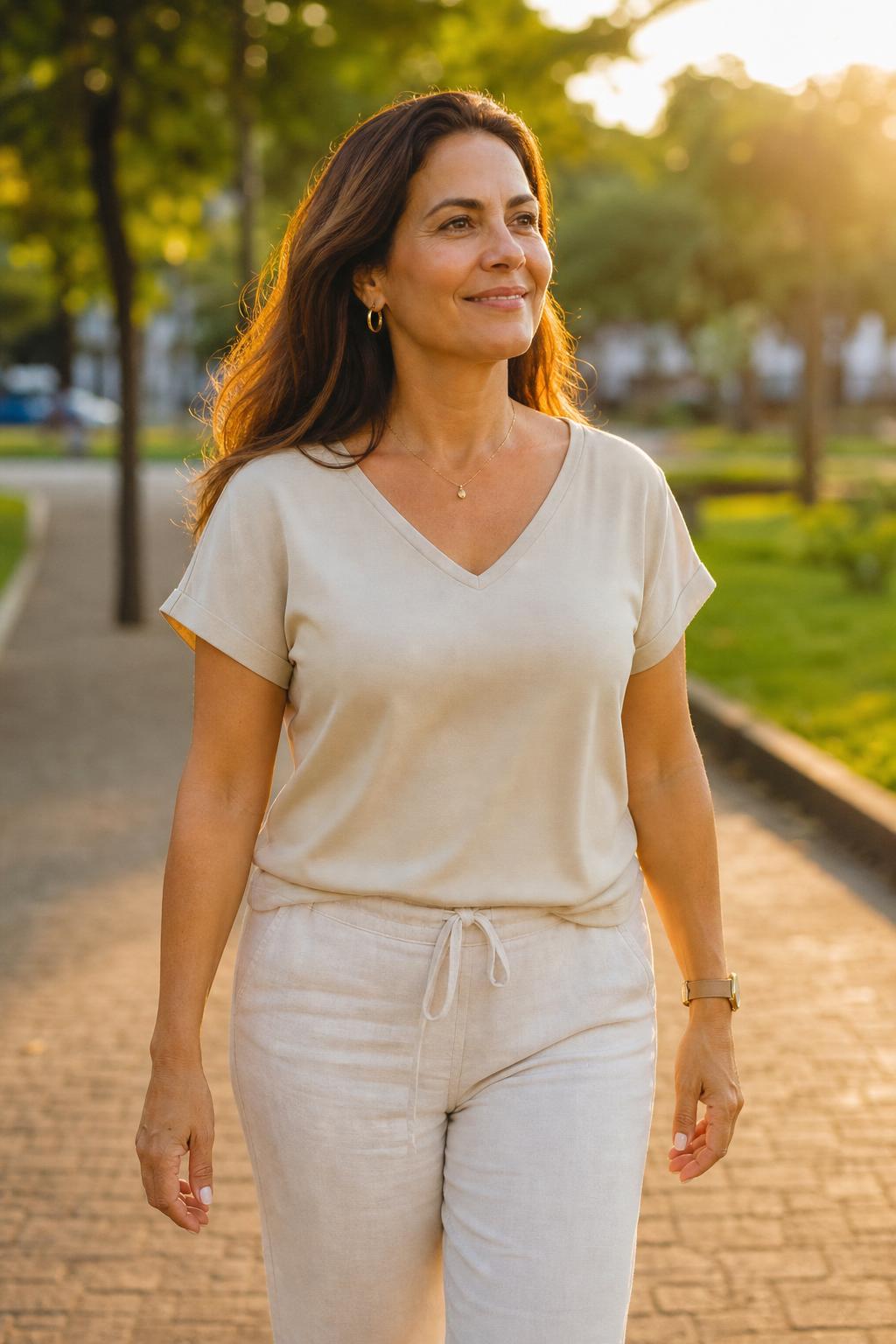 Mulher madura caminhando ao ar livre, sorrindo, transmitindo liberdade e confiança
